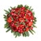 Huge edible fruit bouquet consisting of pomegranates, apples, grapes, rose flowers and fir twigs on white background