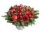 Huge edible fruit bouquet consisting of pomegranates, apples, grapes, rose flowers and fir twigs on white background