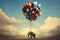 Huge Elephant floating or flying with air balloon with sky and clouds background