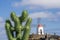 A huge fake cactus plant with a windmill in the background, Jardin de Cactus, Lanzarote, Canary Islands, Spain