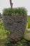 Huge flower pot made of small black pebbles. Ornamental flower pot placed in nature. Ornamental grass-covered pot of stones. Desig