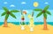 Huge glass with exotic cocktail on tropical beach with palm trees in sunny day vector illustration