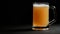 Huge glass mug full of fresh beer surrounded by lighting flash isolated at black disco background