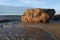 A huge granite boulder on a wild sea beach at golden hour