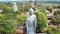 Huge grey Buddha statue against pagoda and blue sky