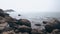 Huge grey dry rocks against splashy blue ocean with ships