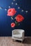 Huge growth pink flowers in the interior with white chair on the background of blue wall with retro garland