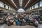 Huge heap of lost luggage in the center of large hall of railway station, AI generative image