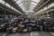 Huge heap of lost luggage in the center of large hall of railway station, AI generative image