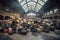 Huge heap of lost luggage in the center of large hall of railway station, AI generative image