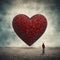 Huge heart in the sky, man walking on a road, love and passion, self esteem, mental health care concept, positive thinking