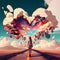 Huge heart in the sky, woman walking on a road, love and passion, self esteem and mental health care concept, positive thinking