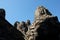 A huge human face built of stone blocks. Huge human faces on the towers of the Bayon temple in Cambodia. Architectural art of