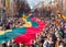 Huge Lithuanian flag along Gedimino street in Vilnius, carried by people with Lithuanian and Ukrainian flags and Belarus flag