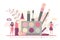 Huge makeup kit. Women talking about cosmetics and makeup. Fashion tiny people. Beauty blog banner concept