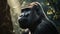 huge male gorilla on the background of the African savannah, hot day, animals of Africa. ai generative