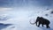 A huge mammoth is walking along a snow-covered glacier. Huge high glaciers in winter natural conditions. Arctic winter