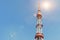 Huge metal frame constuction of Kiev TV tower with blue clear sky on background on bright sunny day