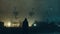 Huge monster skeletons appearing above a city on a foggy winters night With a lone figure looking up. With an old grunge, textured