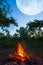 huge moon shining above campfire in forest
