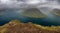 Huge panorama of fjords in Faroe Islands under the mist