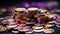 A Huge Pile of Coins in Euro Bills is Lying on the Table Focused Foreground