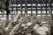 A huge pile of gray concrete debris from piles and stones of the destroyed building. The impact of the destruction