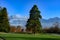 Huge Pine tree in Spa Gardens in front of Swiss Alps, Bad Ragaz, Switzerland