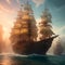 Huge pirate ship sails on sea. Generative Ai