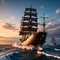 Huge pirate ship sails on sea. Generative Ai
