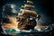 A huge pirate ship sails on a stormy sea. AI generated.