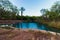 A huge pool of clear spring water against a palm tree background, in the Valley of the Springs