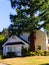 Huge redwood tree growing close to modest house