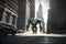 A huge robot walks down the street of New York.Generative AI