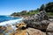 Huge rock on seashore during Bondi to Bronte coastal walk in Sydney Australia