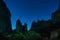 Huge rocks with starry sky in background at night, Meteora valley near Kalambaka, Thessaly