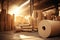 Huge rolls of paper are stored in the factory warehouse. Industrial paper production. Finished products of a paper processing