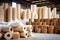 Huge rolls of paper are stored in the factory warehouse. Industrial paper production. Finished products of a paper processing