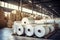 Huge rolls of paper are stored in the factory warehouse. Industrial paper production. Finished products of a paper processing