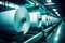 Huge rolls of paper are stored in the factory warehouse. Industrial paper production. Finished products of a paper processing