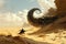 Huge Sand Worm, Giant Sandworm Raising Up From the Desert Depths, Little Man in Black