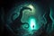 Huge scary octopus sea in deep-sea cave and human figure