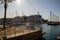 Huge ship surrounded by boats in the Spanish port in Cartagena