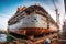 huge ship under construction, with workers welding and painting the exterior