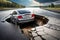 Huge Sinkhole On Busy Asphalt Road Surface On Which Cars Drive. Accident Situation On A City Street Due To Cracks I. Generative AI