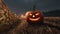 Huge Spooky Halloween jack-o-lantern in cornfield morph