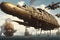 A huge steampunk airship 3d retro technology illustration fantastic wallpaper. Generative Ai