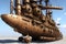 A huge steampunk war machine fantastic vehicle, retro technology illustration. Generative Ai