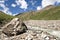 Huge stone near mountain river. Caucasus valley.