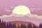 Huge sun over mountains landscape background in flat style. Setting sun is shining over rock peaks and hills, coniferous forest